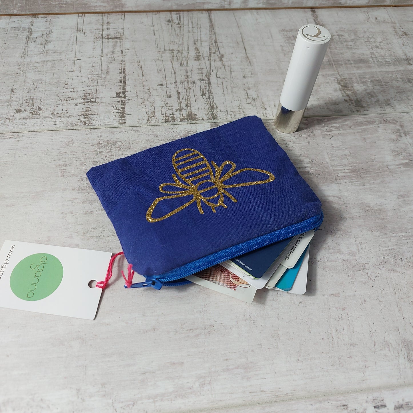 Blue purse with gold glitter bee