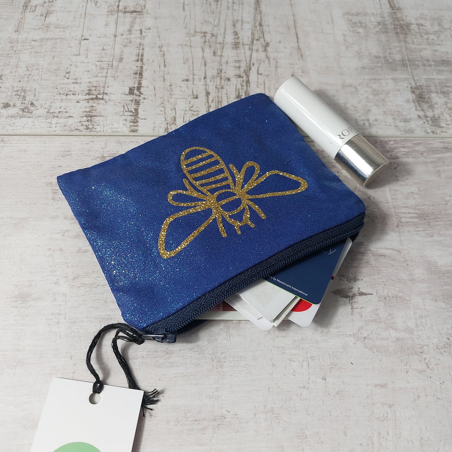 Navy glitter purse with gold glitter bee