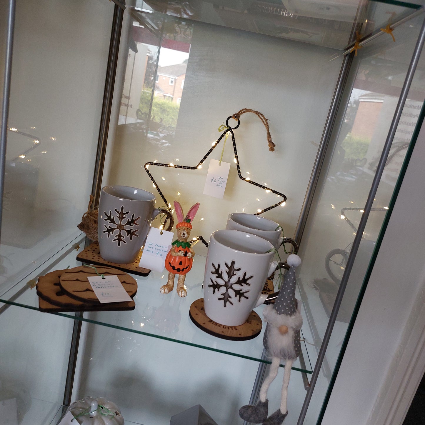 LED star light shown with various items in a glass display case.
