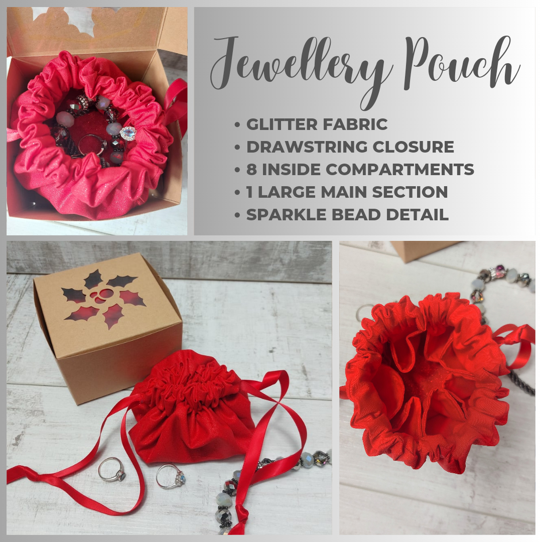 Red glitter jewellery pouch in three images, pictured with jewellery and text describing glitter fabric, interior and sparkle bead detail.