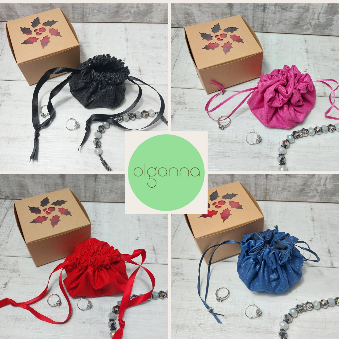 Glitter jewellery pouch in four images showing black, pink, red and blue colour options, pictured with jewellery and a central 'olganna' logo.