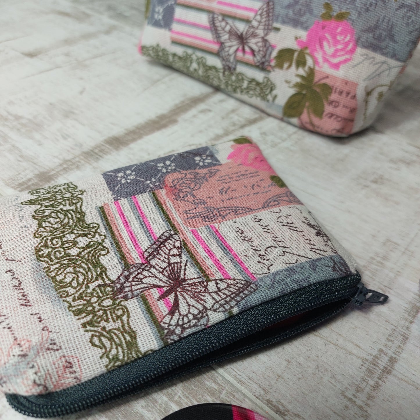 Pink and Grey Vintage Butterfly Make Up Bag Set
