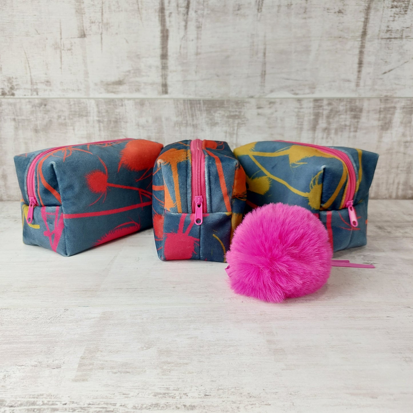 Luxurious Velvet Boxy Make Up Bag with Large Fluffy Pom Pom