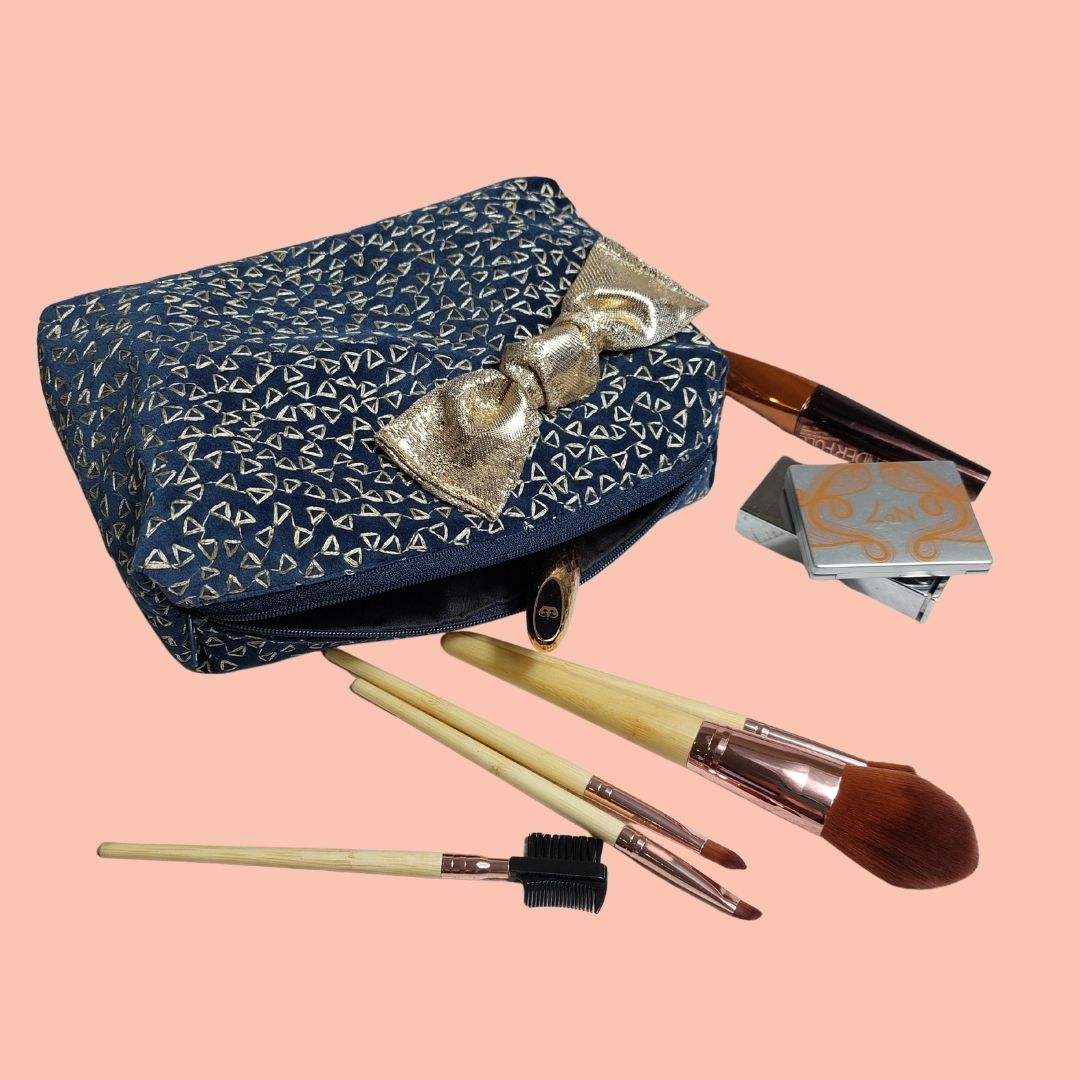 Navy and Gold Plush Velvet Make Up Storage Bag.