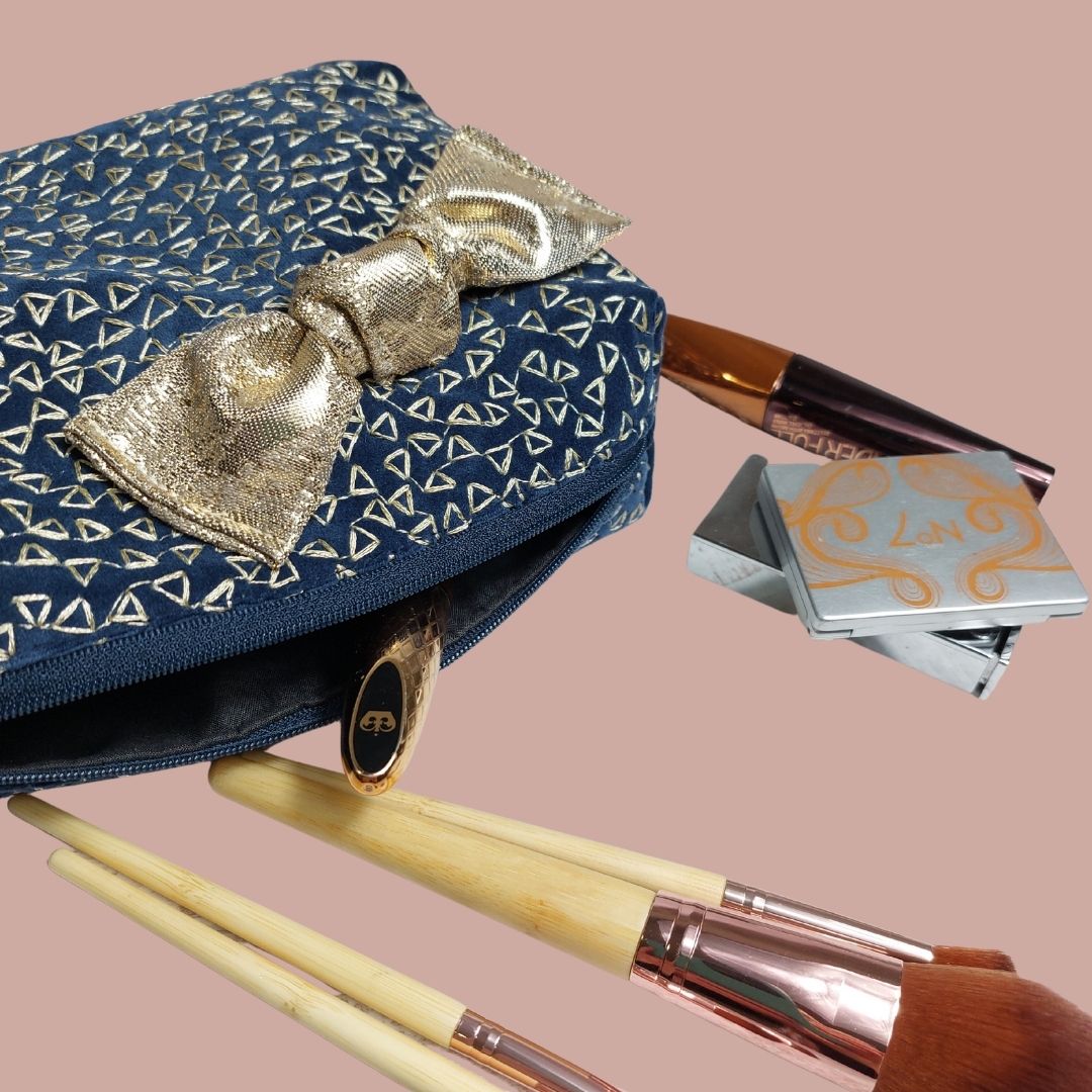 Navy and Gold Plush Velvet Make Up Storage Bag.
