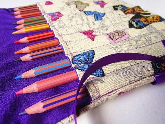 Pencil Roll with individual slots, handcrafted pencil organiser, Adult colouring is a thing now! - Olganna