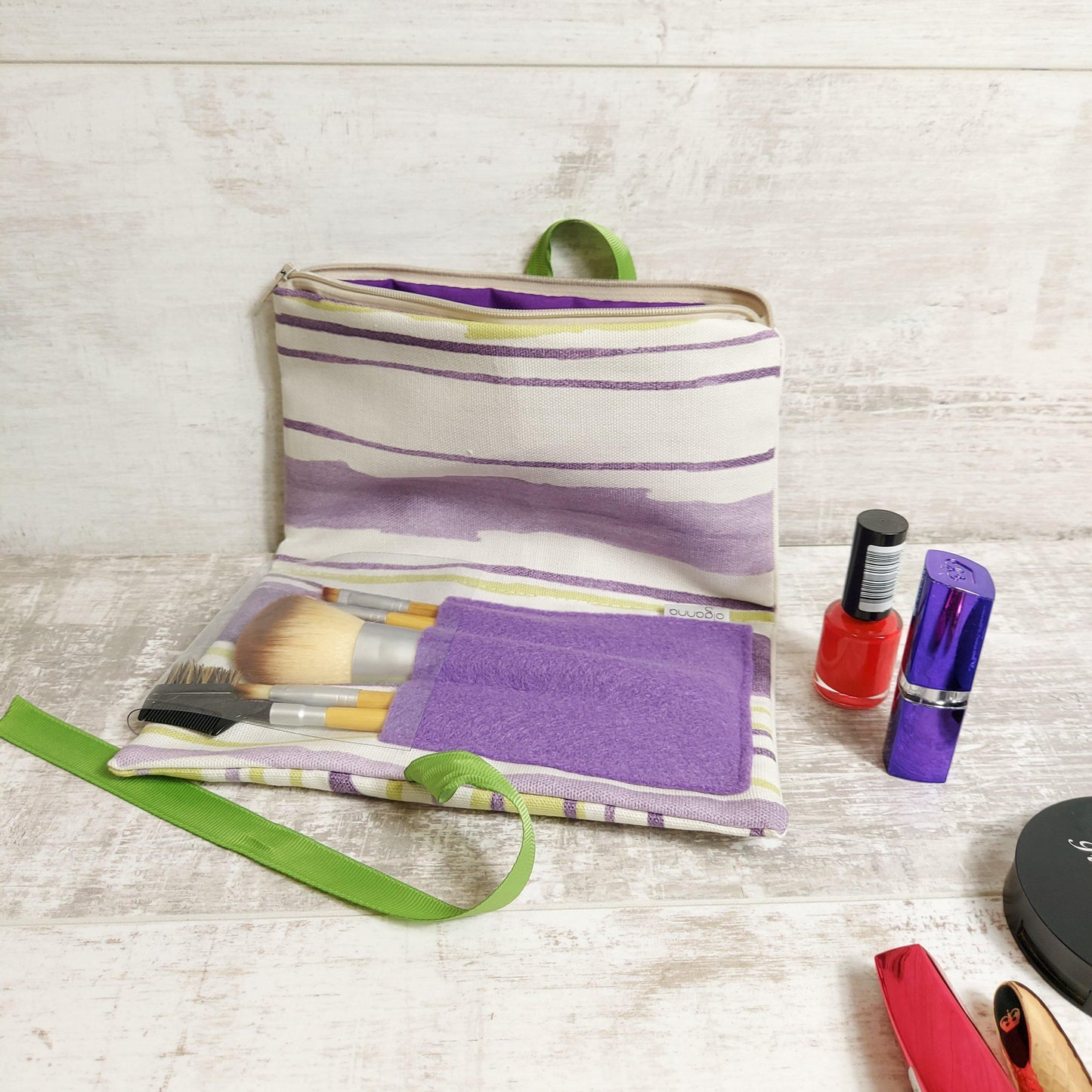 Zip Wrap Make up Bag in Green and Lilac Modern Stripe Canvas - Olganna