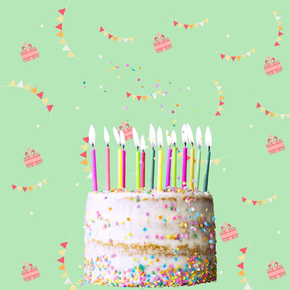 Birthday Cake Covered in Sprinkles with many lit candles on top. Background has mini bunting and cake graphic.