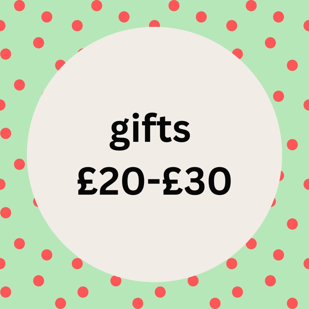Gifts £20 - £30 sign with spotty background in Olganna brand colours mint and coral