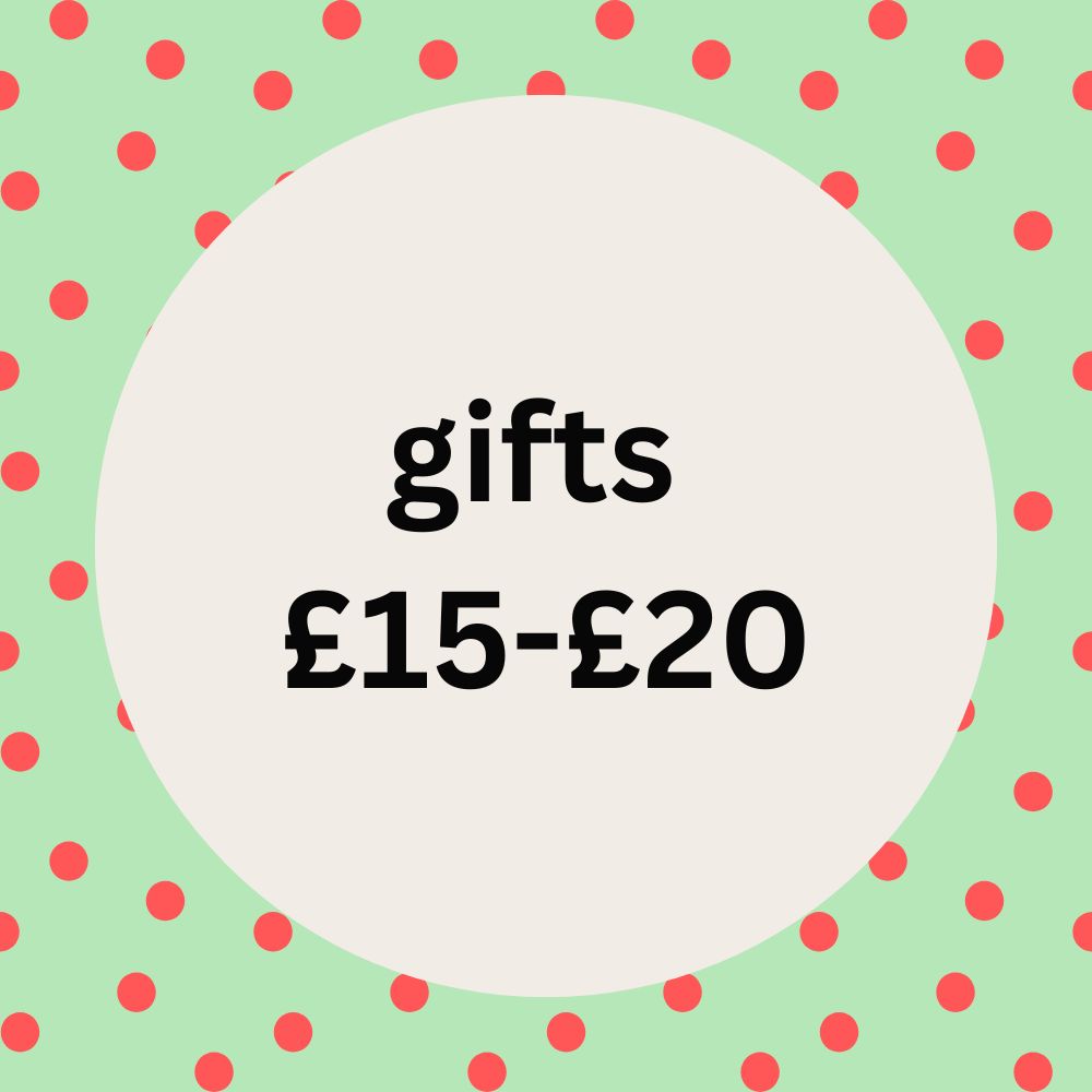 Gifts £15 - £20 sign with spotty background in Olganna brand colours mint and coral