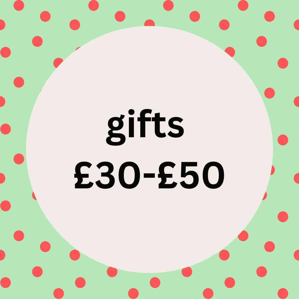 Gifts £30 - £50 sign with spotty background in Olganna brand colours mint and coral