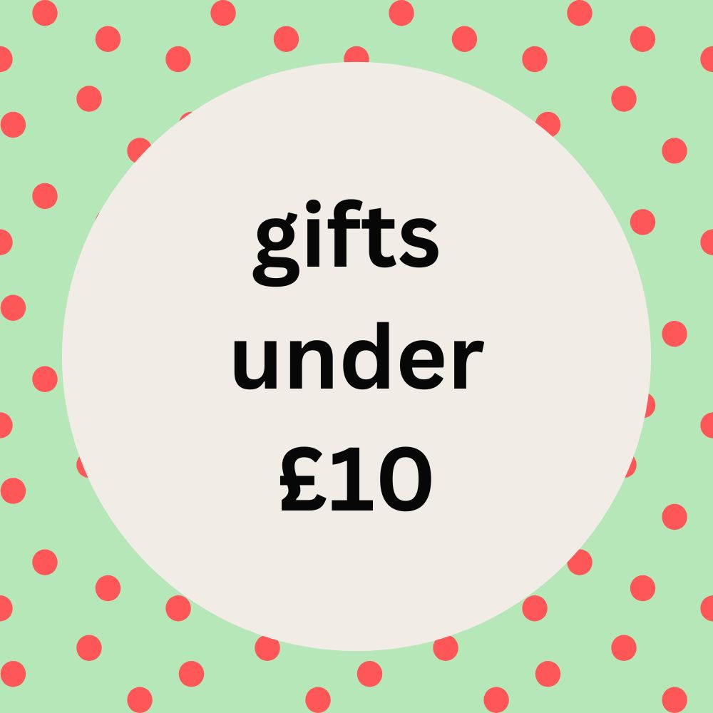 Gifts under £10 sign with spotty background in Olganna brand colours mint and coral