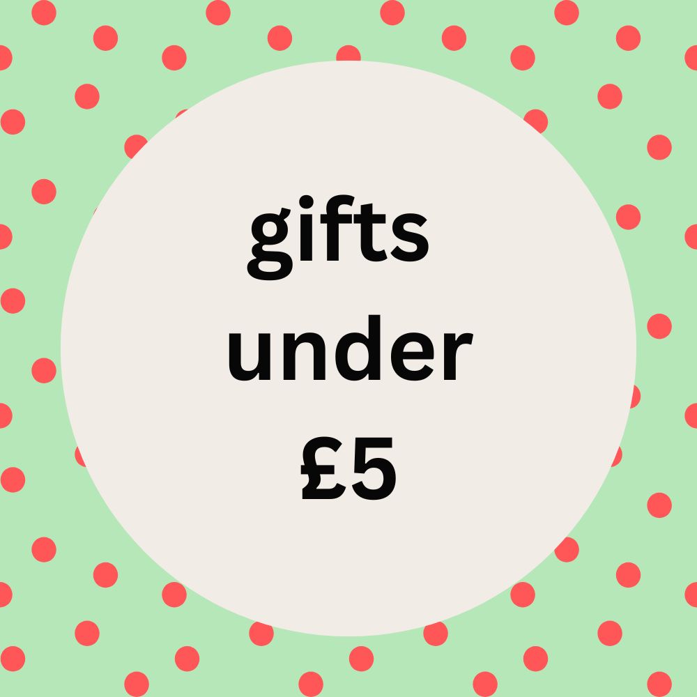 Gifts under £5 sign with spotty background in Olganna brand colours mint and coral