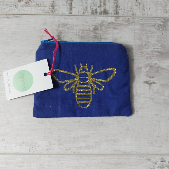 Blue purse with gold glitter bee