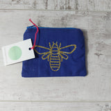 Blue purse with gold glitter bee