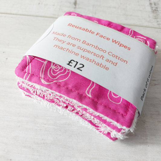 Pink Rose Sketch Print Re-Usable Bamboo Cotton Face Wipes