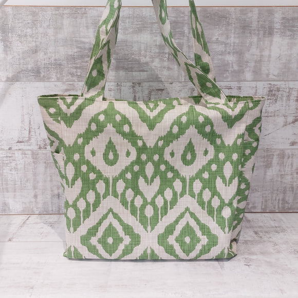 Ikat Design Beach Bag in Tending Green
