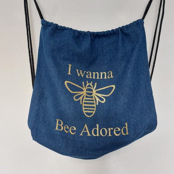 Drawstring Back Back Denim with Gold Bee in Glitter