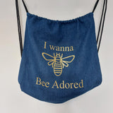 Drawstring Back Back Denim with Gold Bee in Glitter