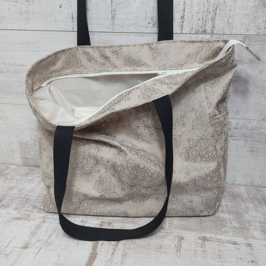 Boho Beach Bag with zip fastening in natural tones with silver..