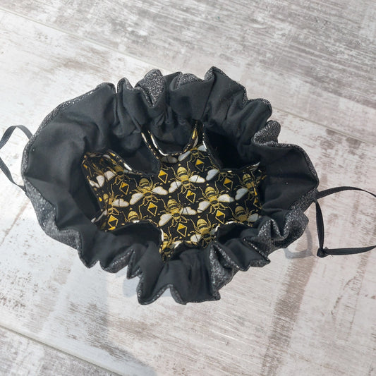 Jewellery Pouch in Black Glitter with Contrast Bee Print Lining | Compact Travel Storage