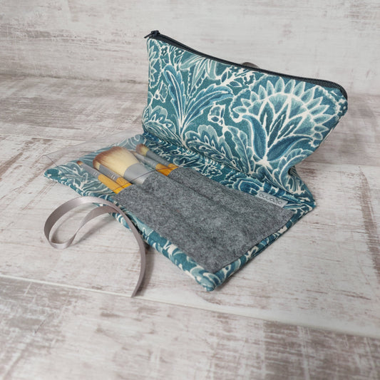 Travel Make Up Wrap Set with Brushes in Teal Print Canvas.