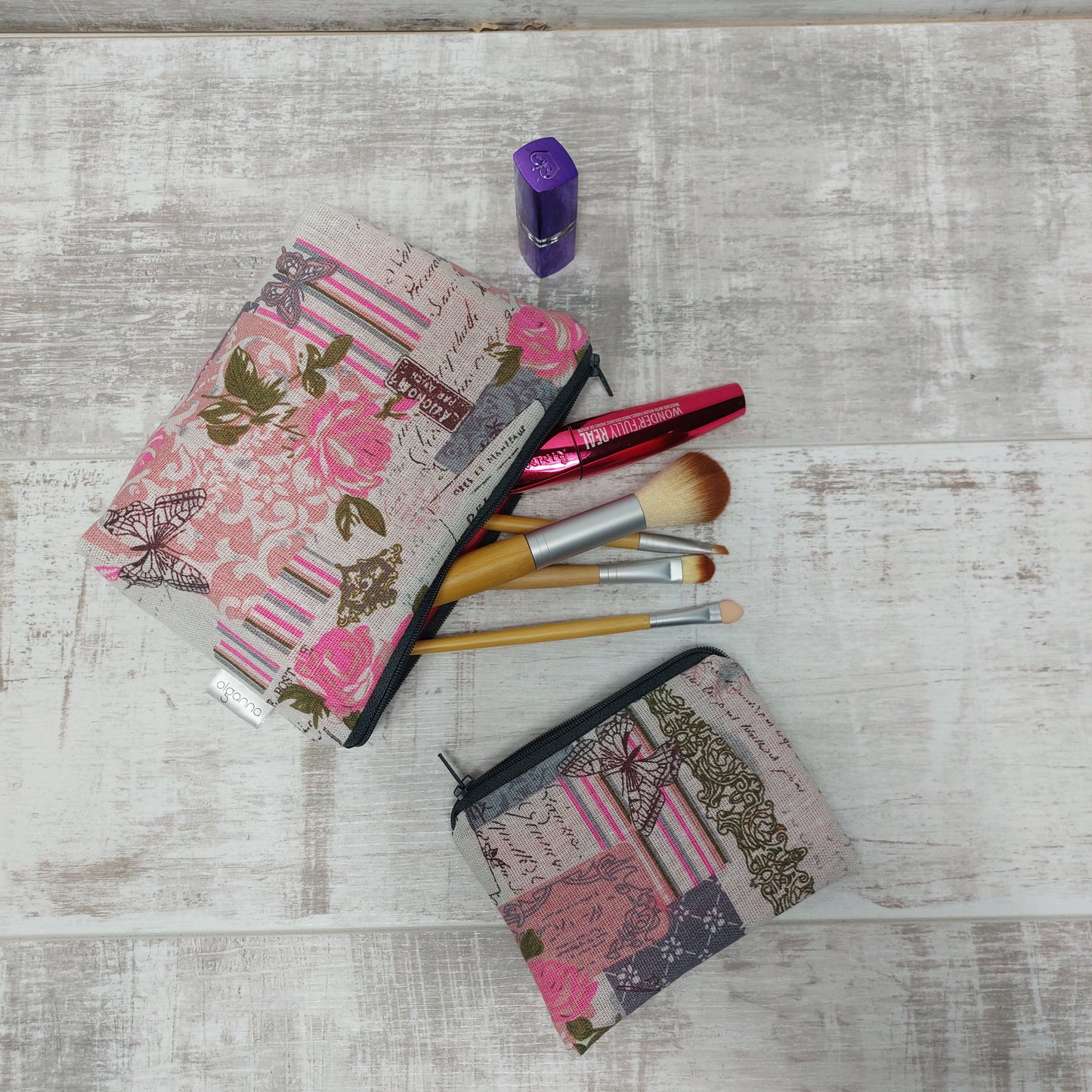 Pink and Grey Vintage Butterfly Make Up Bag Set