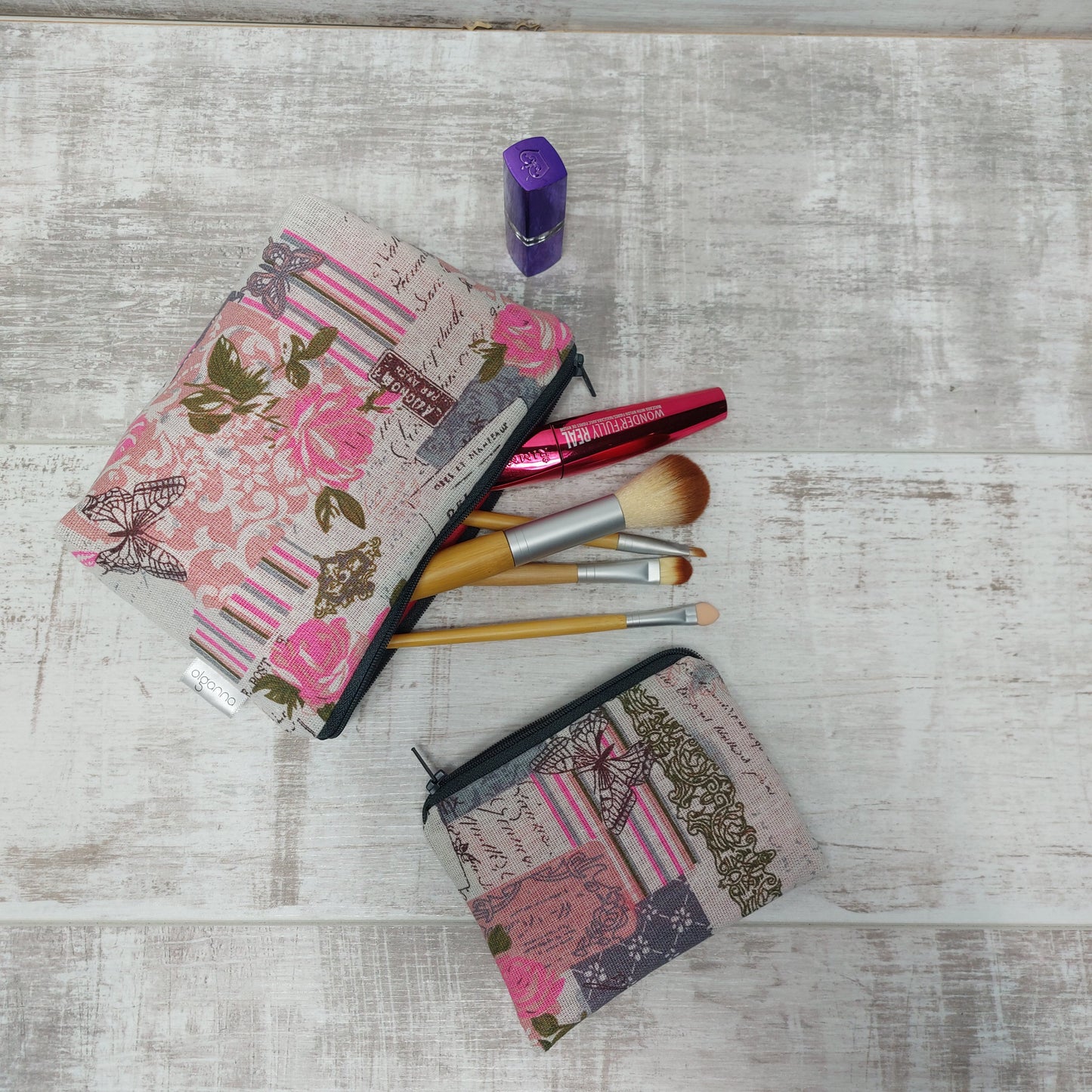 Pink and Grey Vintage Butterfly Make Up Bag Set