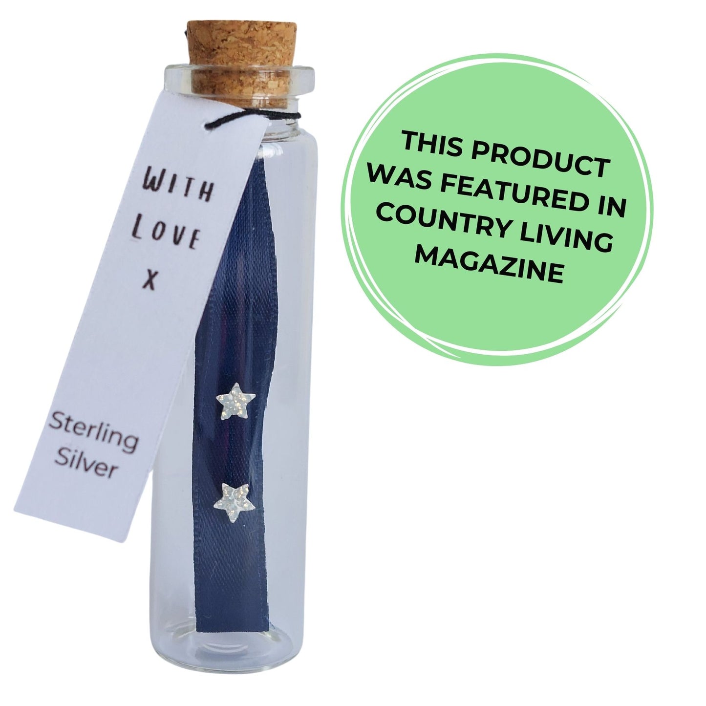 Sterling Silver Star Earrings in Glass Bottle With Cork Stopper and Tag