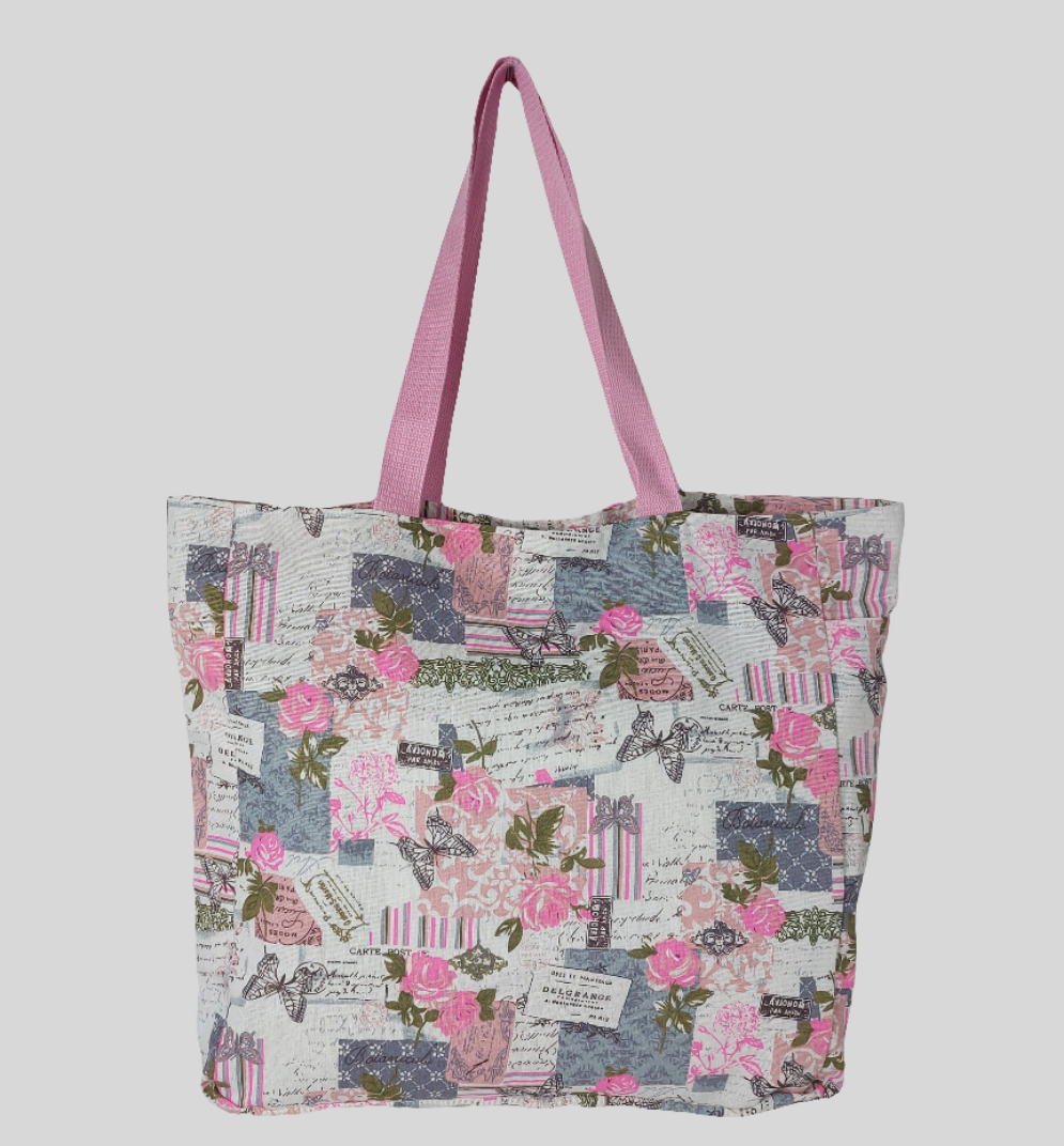 Front view of pink and grey rose and butterfly vintage print beach bag.