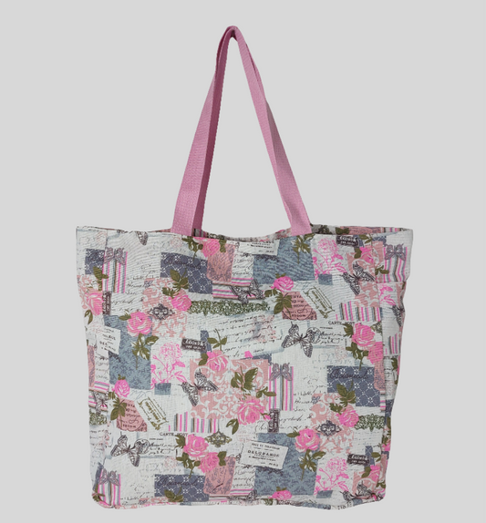 Front view of pink and grey rose and butterfly vintage print beach bag.
