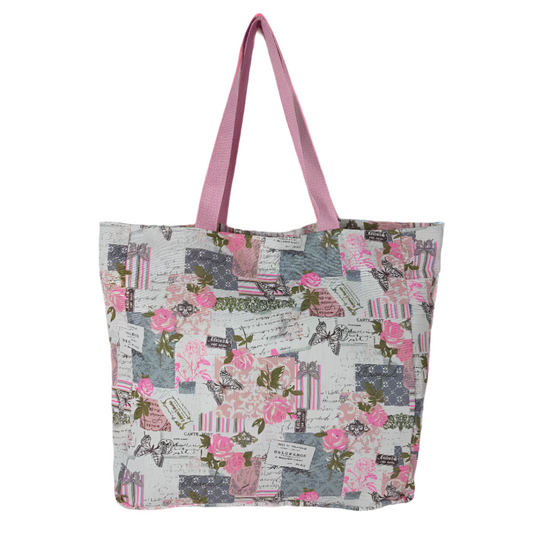 Front view of pink and grey vintage rose and butterfly print beach bag.