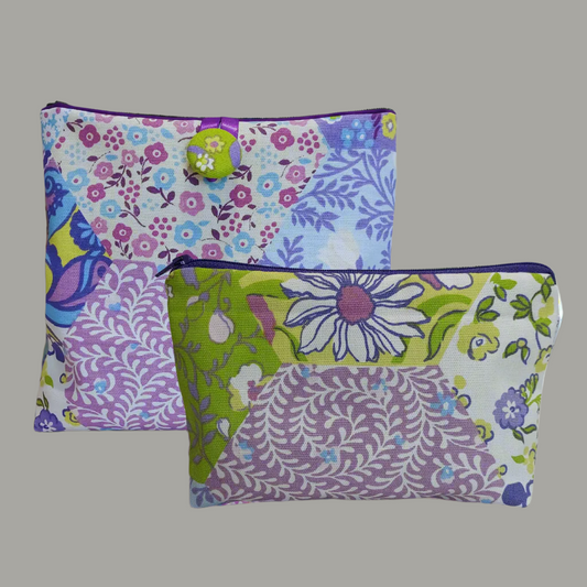 Patchwork Set of 2 Make Up Bags - Spring Green And Purple Floral