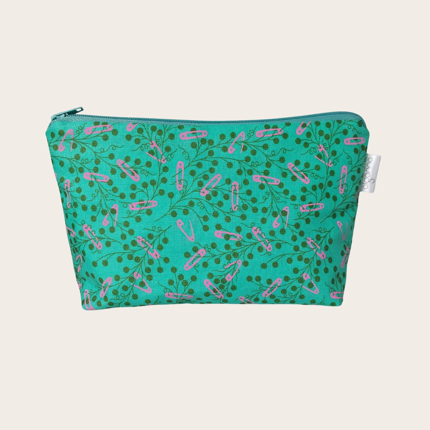 Teal Floral with Pink Safety Pins – Quirky & Fun Makeup Bag