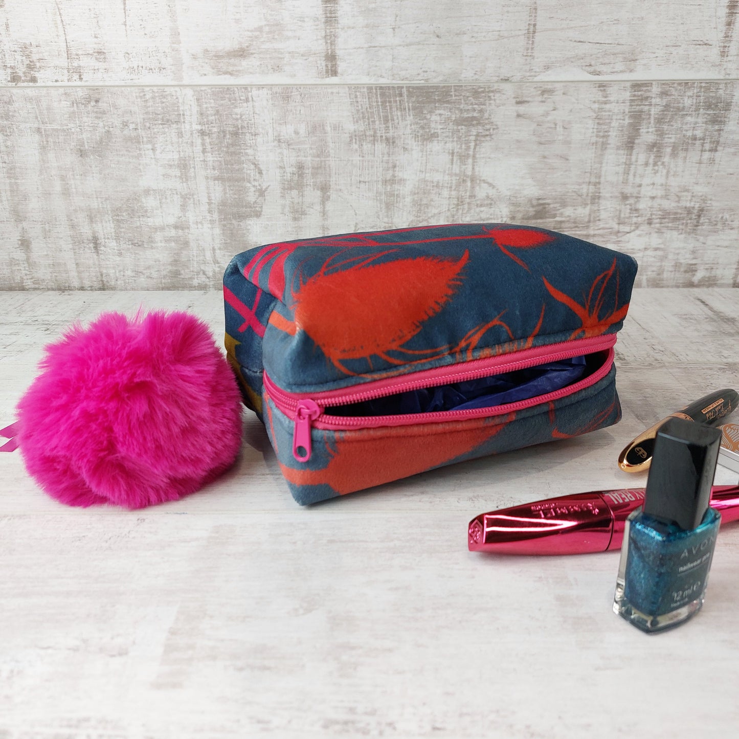 Luxurious Velvet Boxy Make Up Bag with Large Fluffy Pom Pom