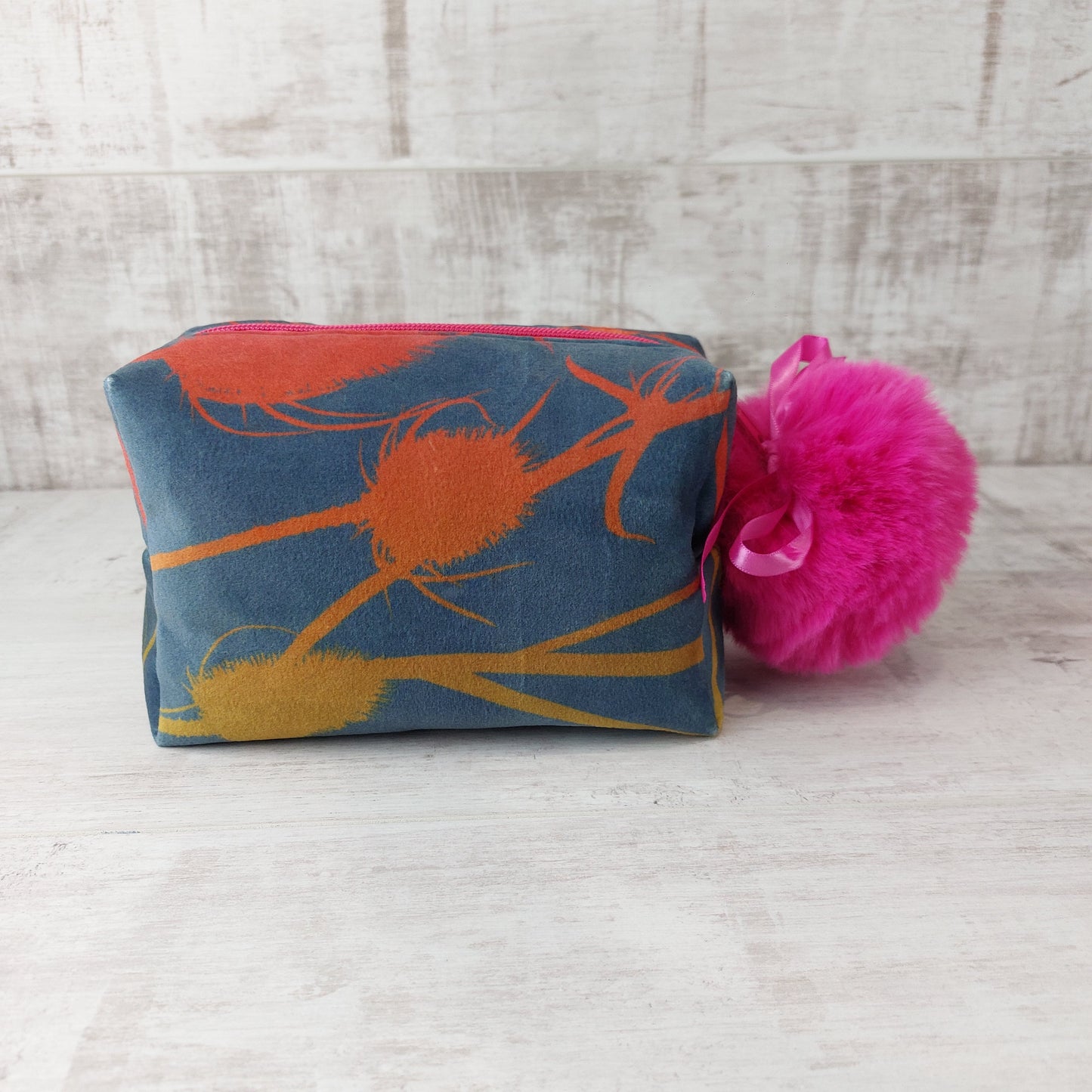 Luxurious Velvet Boxy Make Up Bag with Large Fluffy Pom Pom