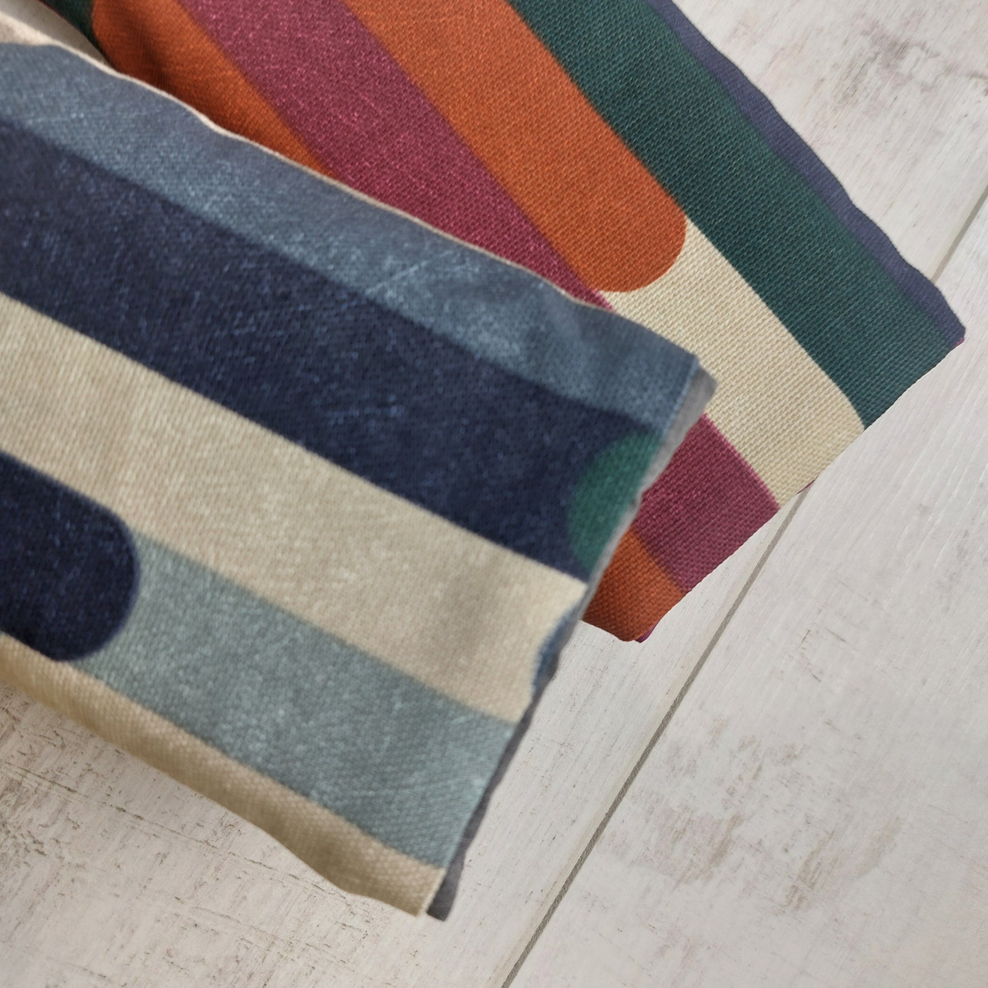 Two overlapping padded glasses cases in stripe patterns of autumn and winter tones.