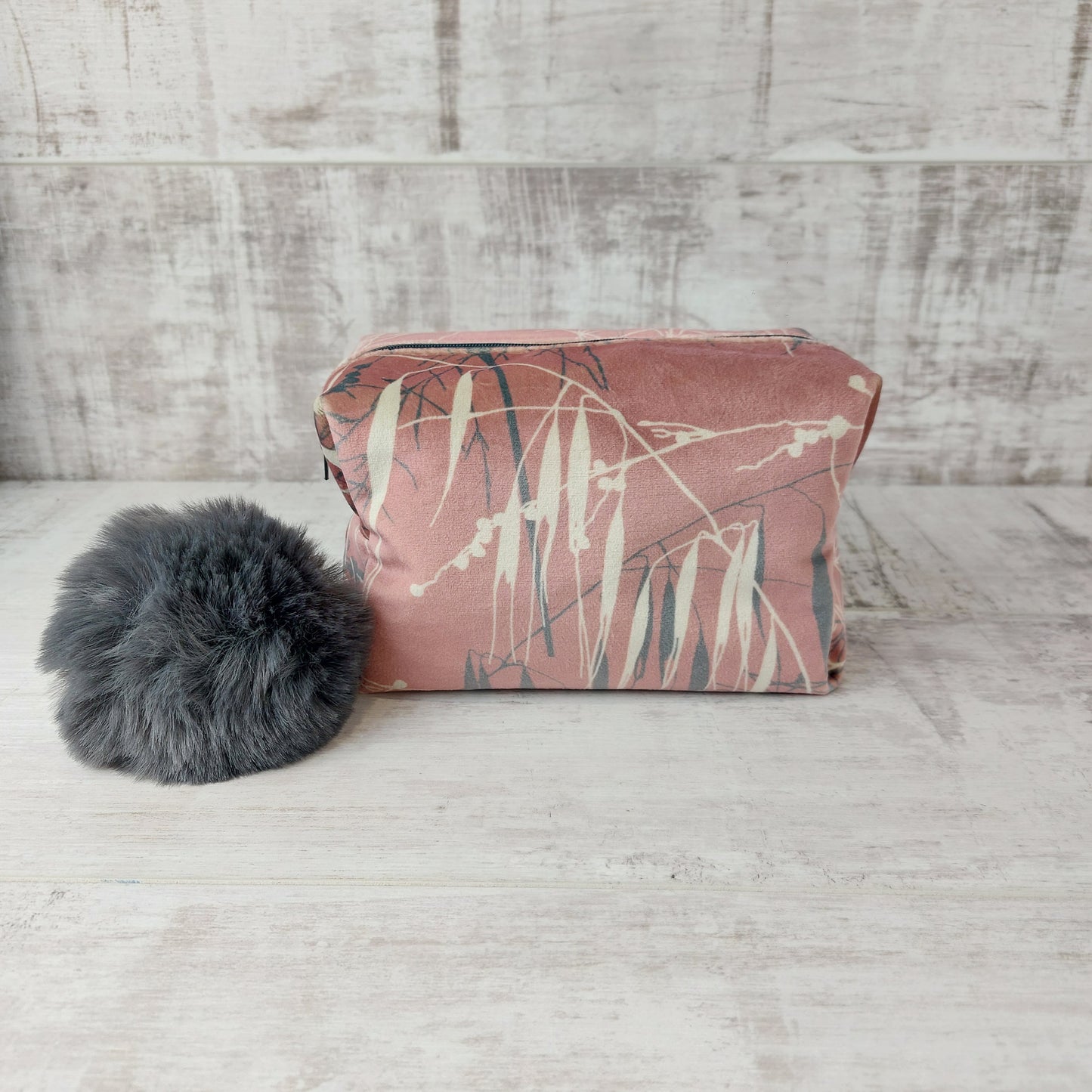 Luxurious Velvet Boxy Make Up Bag with Large Fluffy Pom Pom