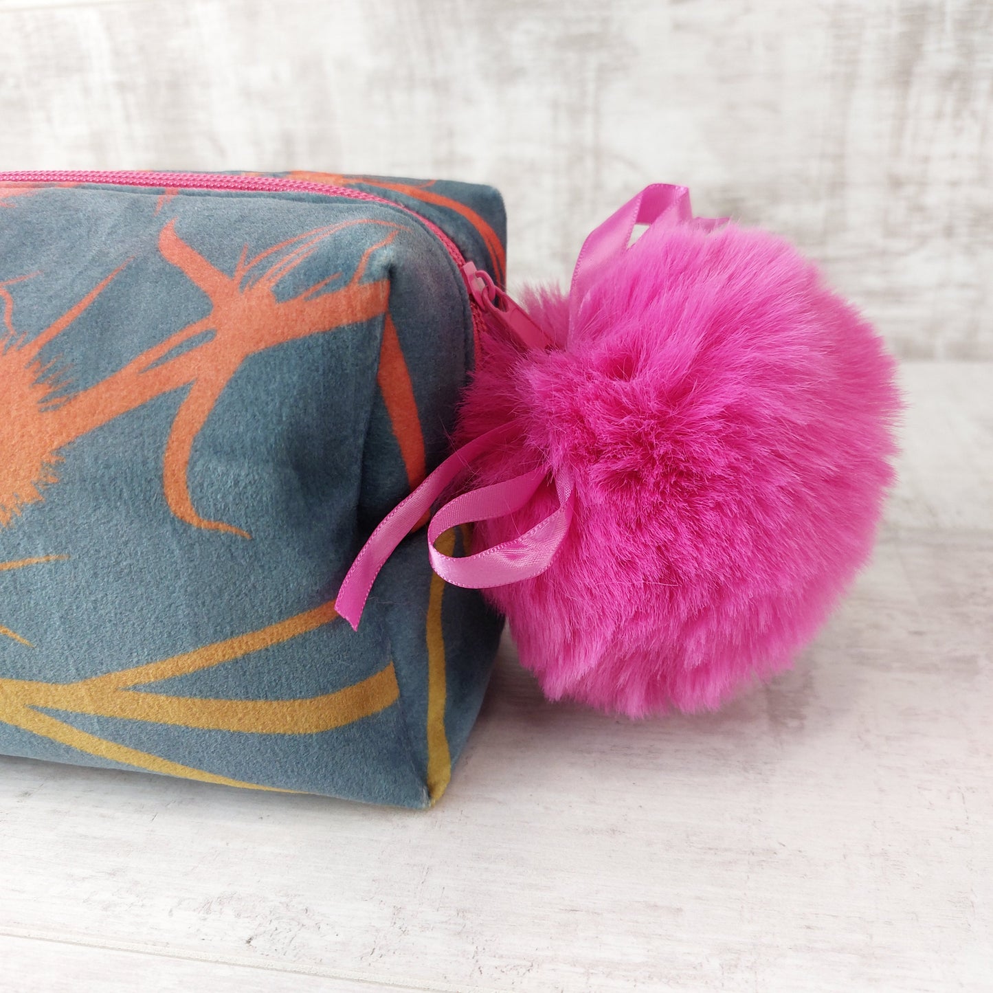 Luxurious Velvet Boxy Make Up Bag with Large Fluffy Pom Pom