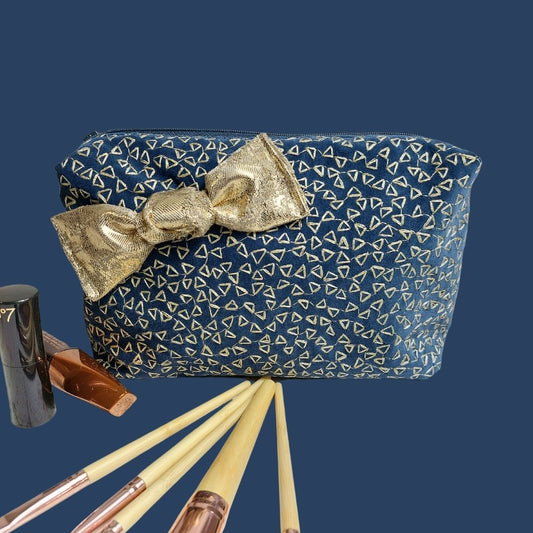 Navy and Gold Plush Velvet Make Up Storage Bag.