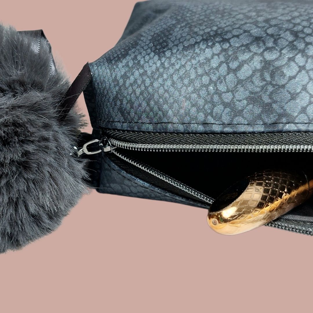 Grey Snakeskin Vinyl Zip Make Up Bag with Massive Fluffy Pom Pom