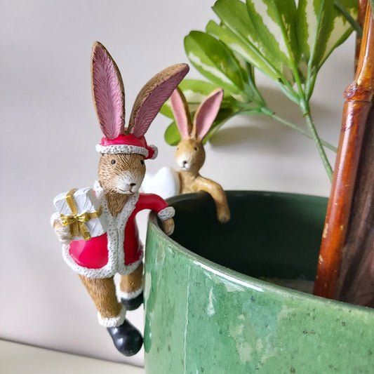 Christmas Pot Hanging Santa Rabbit Holding a Gift