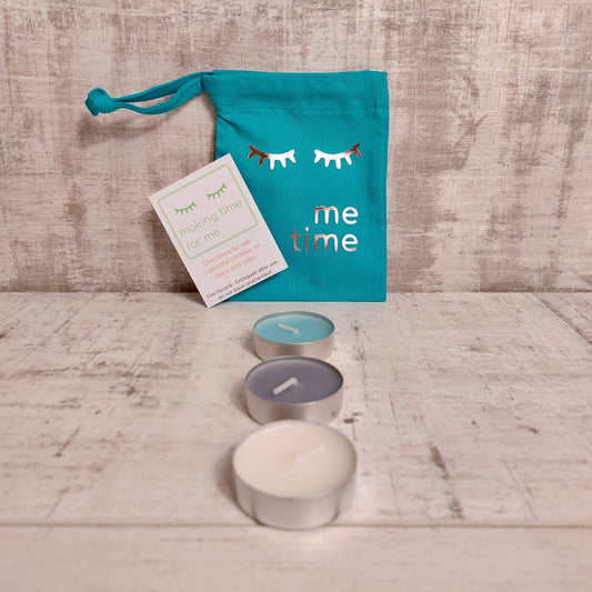 Teal drawstring pouch and 3 candles relaxing set by Olganna