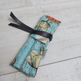 6 Bamboo crochet hooks in a Sky blue fabric case with poppy flower print