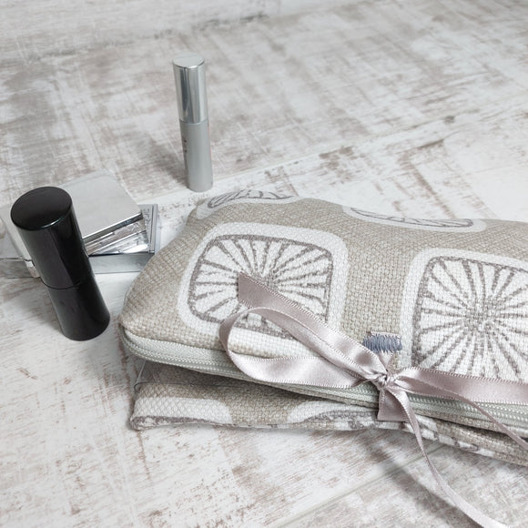 Retro Print Dove Grey Make up Bag with brushes pocket