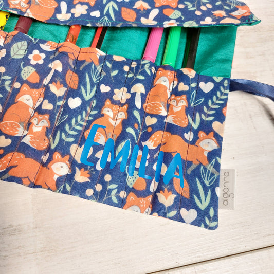 Personalised Pencil Case Roll with Woodland Fox Print