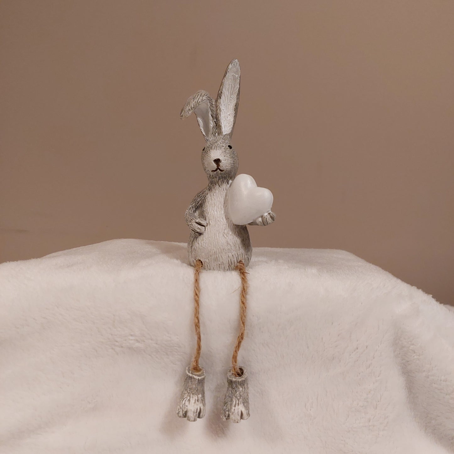 Grey Rabbit Holding a White Heart with Dangly Legs