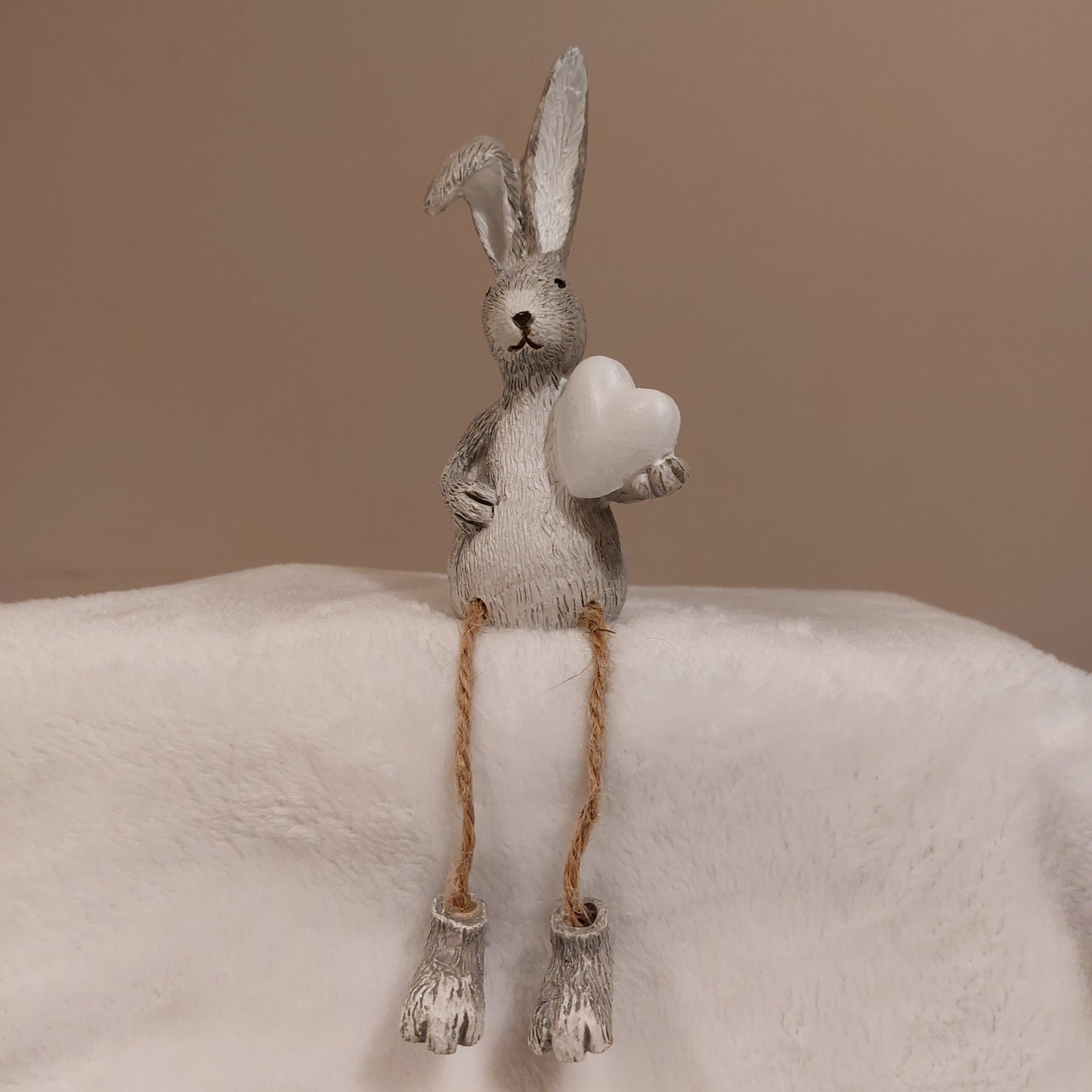 Grey Rabbit Holding a White Heart with Dangly Legs