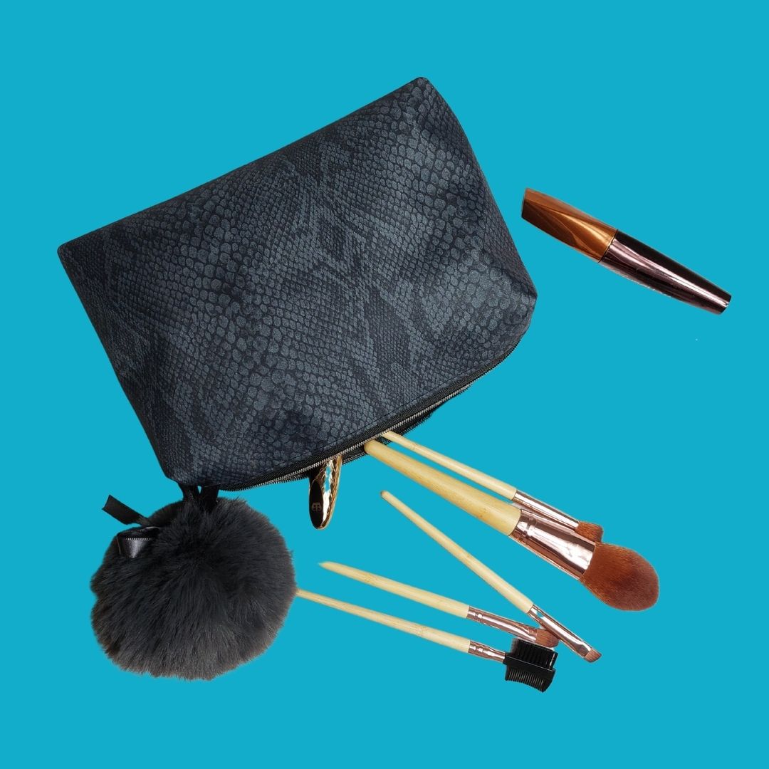Grey Snakeskin Vinyl Zip Make Up Bag with Massive Fluffy Pom Pom