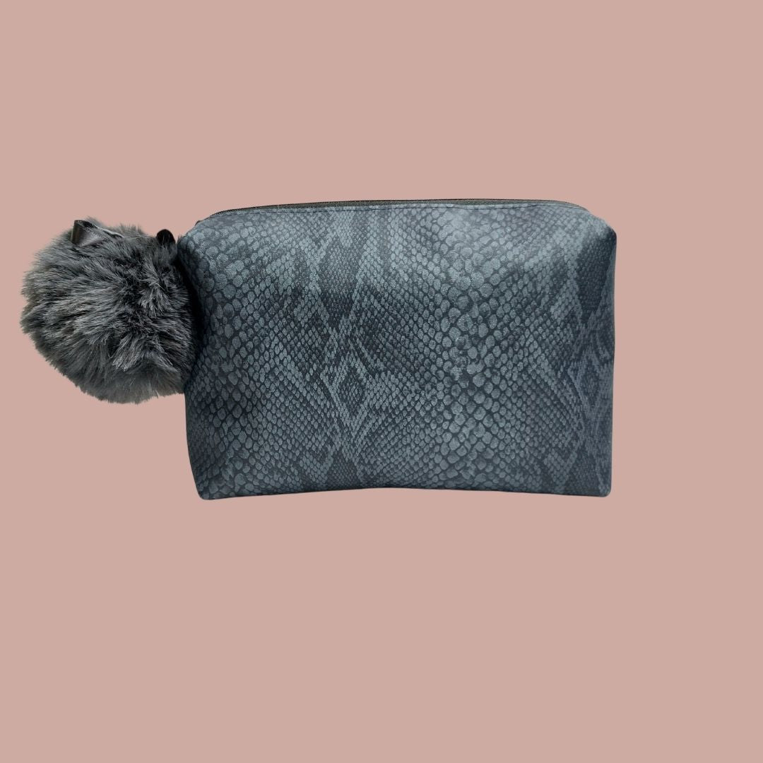 Grey Snakeskin Vinyl Zip Make Up Bag with Massive Fluffy Pom Pom